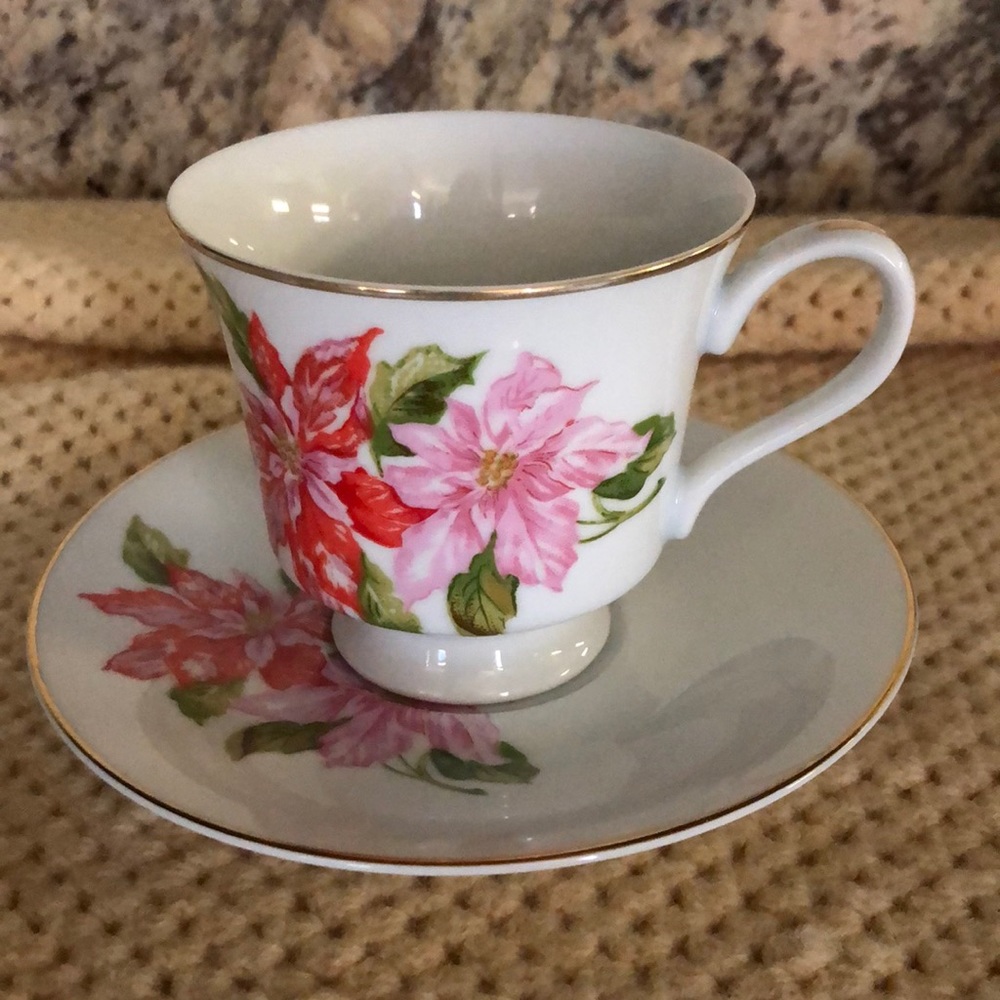 Beautiful vintage red and pink poinsettia fine China cup and saucer.